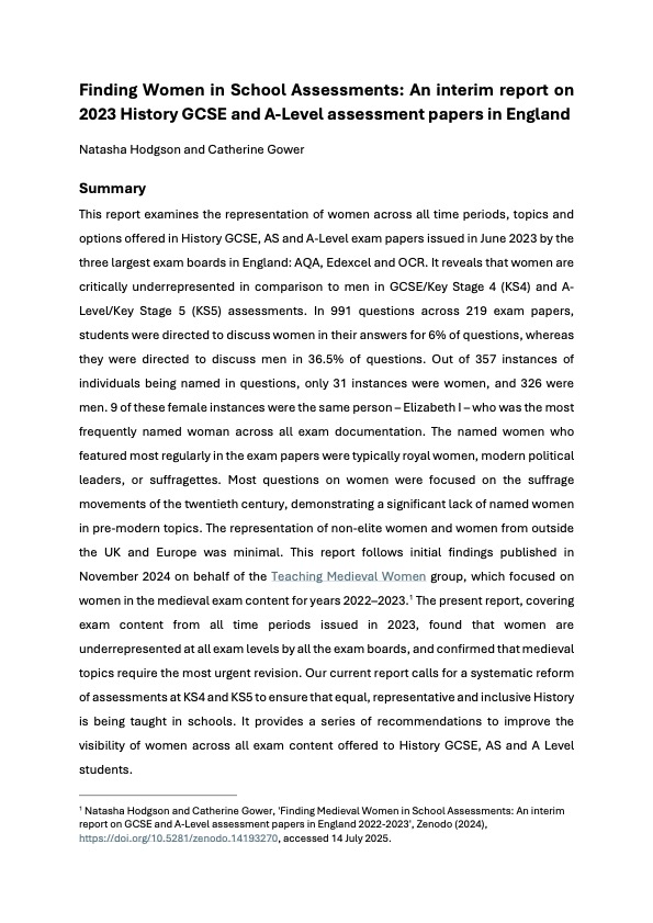 The first page of the Finding Women in School Assessments Interim Report by Natasha Hodgson and Catherine Gower