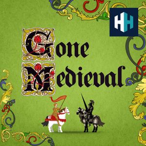 The logo of the Gone Medieval podcast depicting two knights on horses. History Hit logo in top right corner.